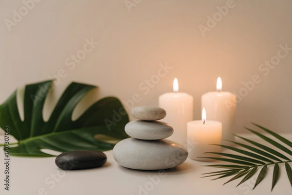 Fototapeta Minimalist Spa Scene with Stacked Stones and Calm Ambiance