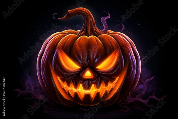Fototapeta Glow-in-the-dark Jack-o'-lantern in neon style Spooky Isolated