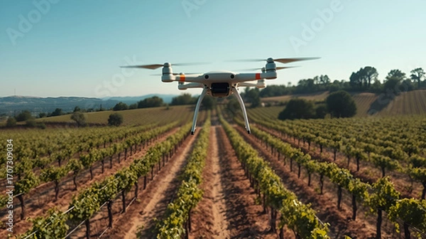 Fototapeta Drone performing aerial seeding over vineyard for reforestation of depleted wild areas
