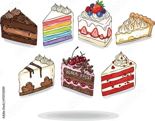 Obraz Delicious Cake Slices Assortment Hand Drawn Illustration