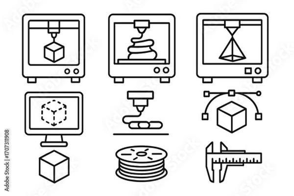 Obraz 3D printing technology line icon set. Vector icons of additive manufacturing and rapid prototyping process. Includes 3D printer, filament, nozzle, model design and engineering.