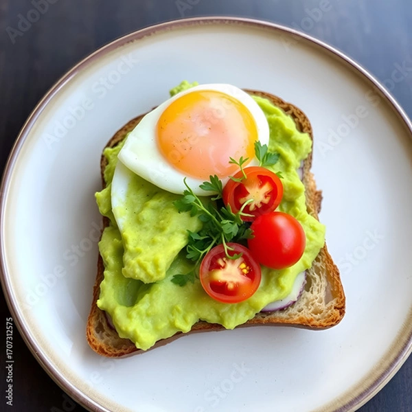 Fototapeta Sourdough toast topped with smashed avocado, sunny-side-up egg, cherry tomatoes, and microgreens on a ceramic plate.