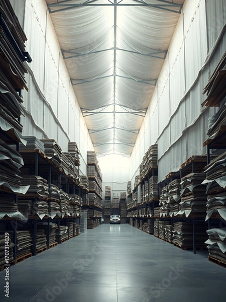 Fototapeta Warehouse interior with stacks of fabric. Generative by AI