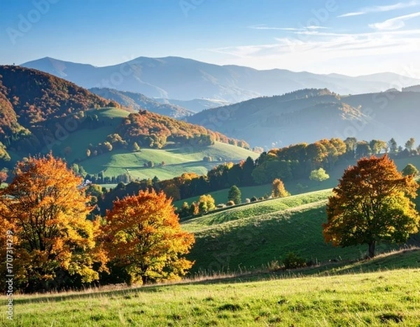 Fototapeta autumn landscape with trees in the foreground and hills