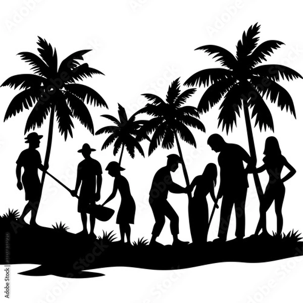 Fototapeta Group of People Relaxing Under Palm Trees Silhouette”