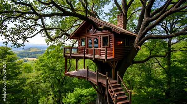 Fototapeta Dreamy Treehouse Retreat: A whimsical escape awaits in a lush, verdant forest, where a rustic treehouse nestled high in the branches offers stunning views of rolling hills and a breathtaking landscape