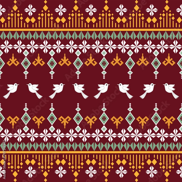 Obraz Folk Pattern, Traditional Fabric Print, Abstract Bird Pattern