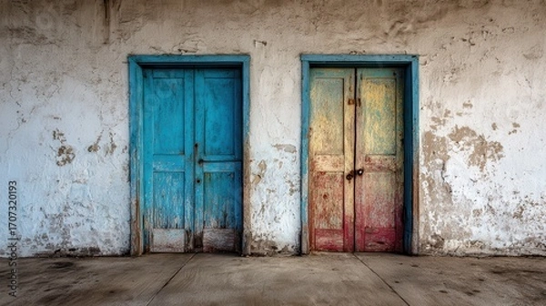 Obraz Rustic Weathered Doors with Peeling Paint Against a Concrete Wall.