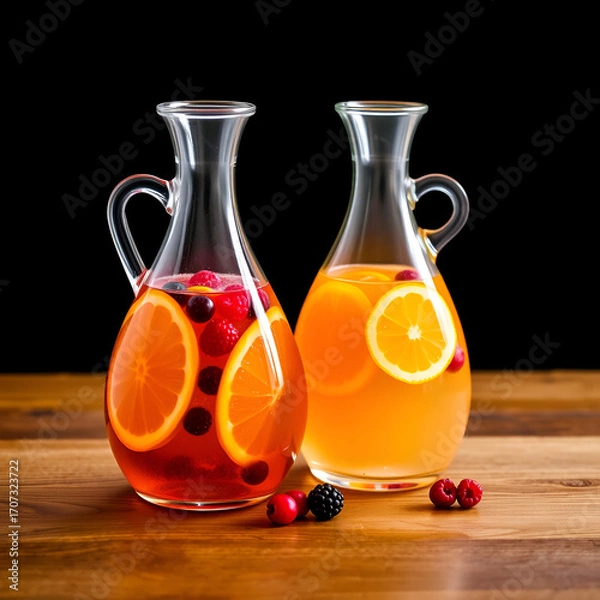 Fototapeta Two glass decanters, carafes, flagons with orange and berry lemonde on a wooden table with a black background
