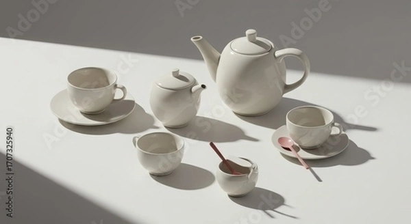 Fototapeta Elegant Minimalist Tea Set with Cups and Teapot on White Surface