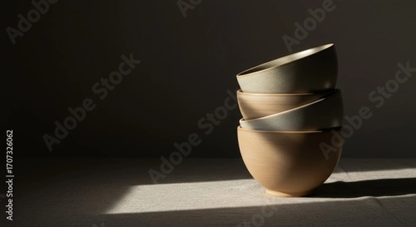 Fototapeta Stacked Ceramic Bowls in Soft Natural Light on a Dark Background