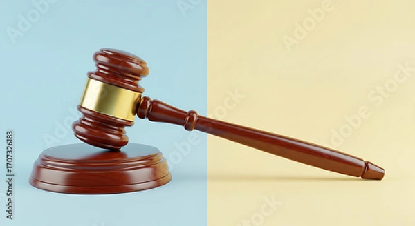 Fototapeta A wooden gavel captured in motion, symbolizing a final legal decision or verdict against a split-color background