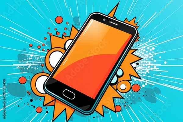 Fototapeta Retro pop art smartphone with neon orange notifications