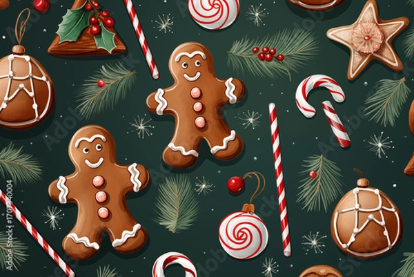 Fototapeta Seamless pattern with gingerbread cookies and candies