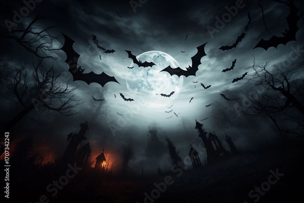 Fototapeta Spooky full moon with bats flying over the back for Halloween