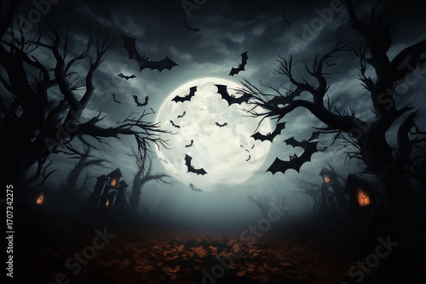 Fototapeta Spooky full moon with bats flying over the back for Halloween