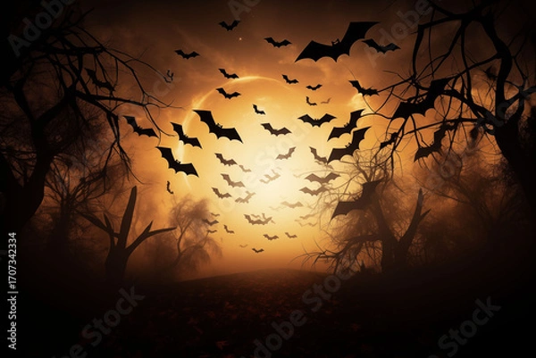 Fototapeta Spooky full moon with bats flying over the back for Halloween