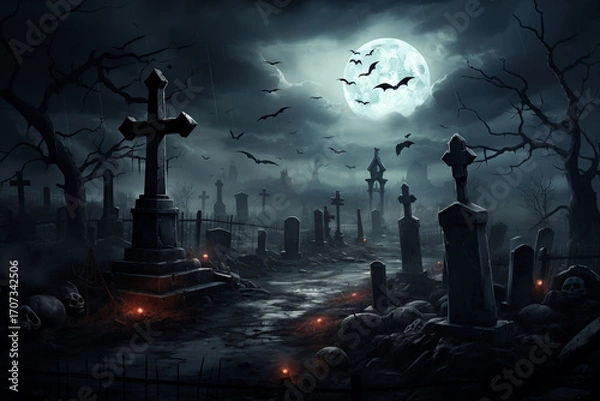 Fototapeta A spooky graveyard scene with bats, a full moon and graves.