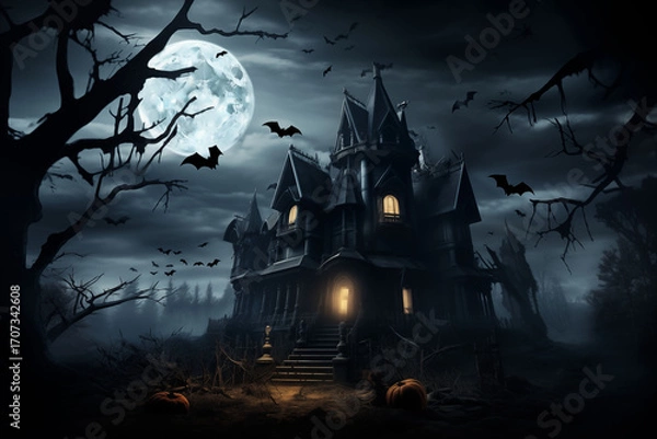 Fototapeta Scary haunted house under a full moon, creepy flying bats