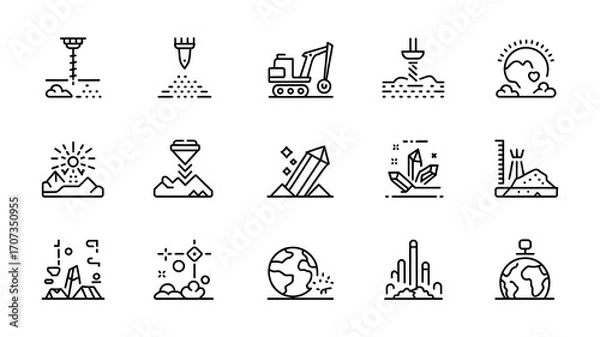 Fototapeta Vector line icon set illustrating drilling, geology, mining, machinery, extraction, crystals, earth, and ground-related activities.
