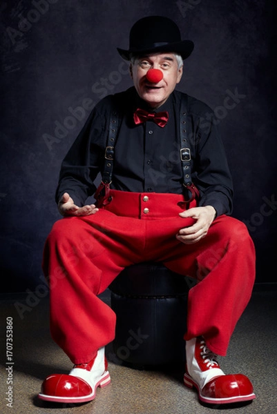 Fototapeta Clown on dark background. Dressed in red pants and a black shirt with suspenders, red clown nose and bowler hat on head.