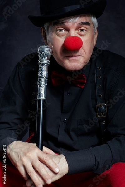 Fototapeta Dramatic portrait of a sad clown against a dark background with walking stick in hands.
