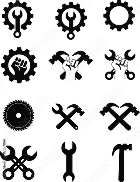 Fototapeta Labor Tools Icon Set,  
Industrial Gear Symbol Pack,  
Mechanic Emblem Vector Collection,  
Black and White Engineering Icons
