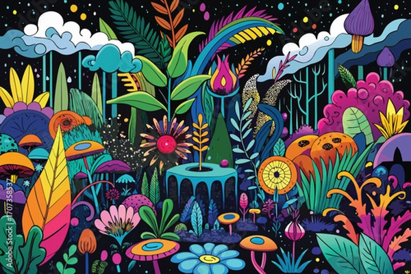 Fototapeta Vibrant psychedelic forest at night with glowing plants and mushrooms