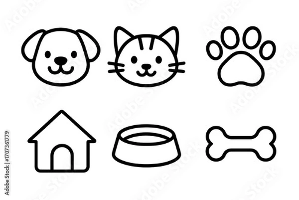 Fototapeta Pet line icon set with cute dog and cat faces, paw print, kennel, food bowl, and bone symbols. Simple animal outline illustrations for veterinary or pet shop concepts.