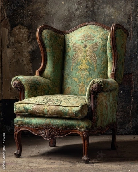 Fototapeta A chair with a green and gold upholing