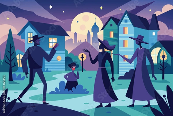 Fototapeta Stylized figures in a twilight village scene with moon