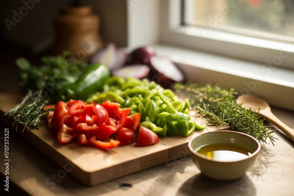Fototapeta Photograph of a Rustic Wooden Cutting Board with Ingredients