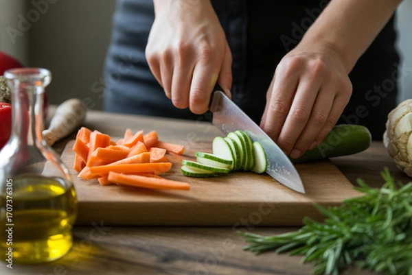 Fototapeta Photograph of a Rustic Wooden Cutting Board with Ingredients