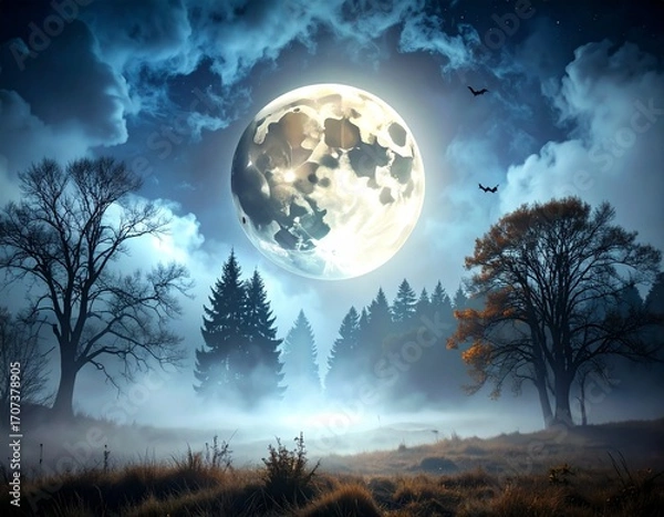 Fototapeta Elegant Halloween Poster Template with Misty Moon Silhouette