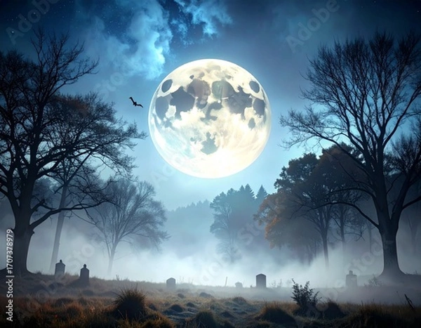 Fototapeta Elegant Halloween Poster Template with Misty Moon Silhouette