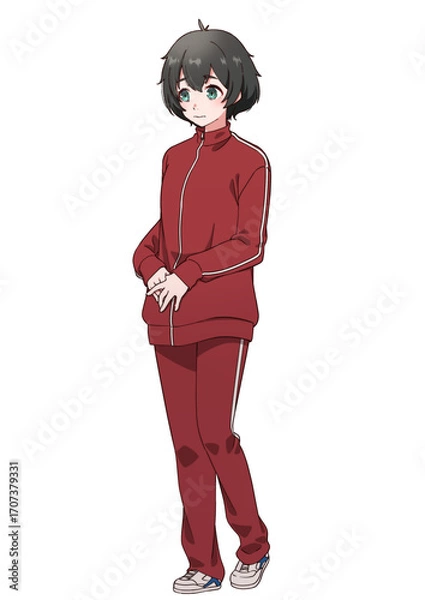 Fototapeta ジャージを着た臆病そうな黒髪の女の子

