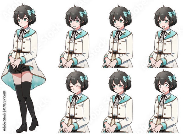 Fototapeta アイドル衣装を着た臆病そうな黒髪の女の子の表情セット
