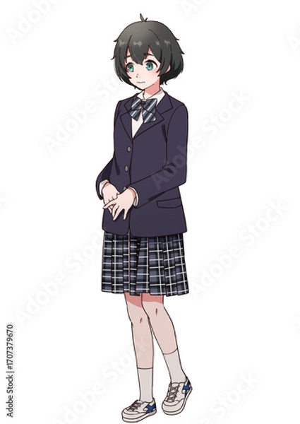 Fototapeta 制服を着た臆病そうな黒髪の女の子
