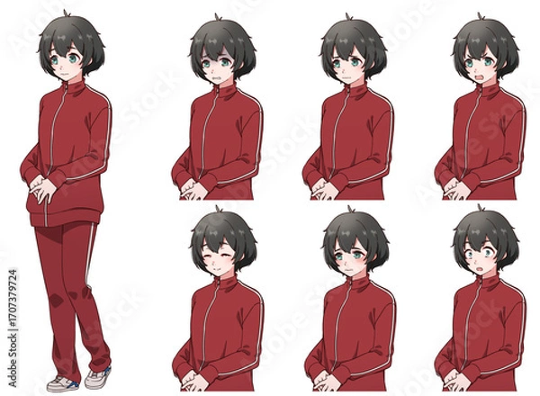 Fototapeta ジャージを着た臆病そうな黒髪の女の子
