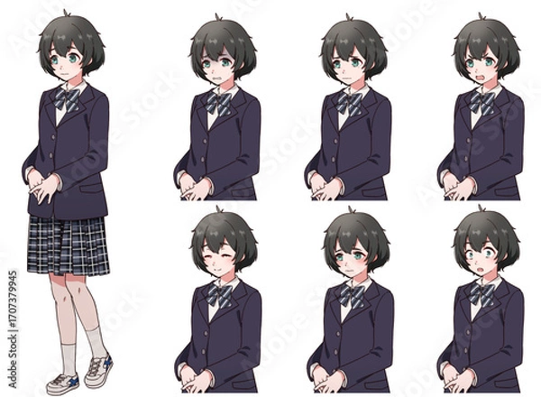 Fototapeta 制服を着た臆病そうな黒髪の女の子の表情セット
