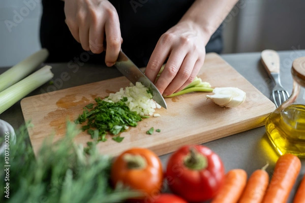 Fototapeta Preparation Scene of a Vegan Meal with Chopped Vegetables