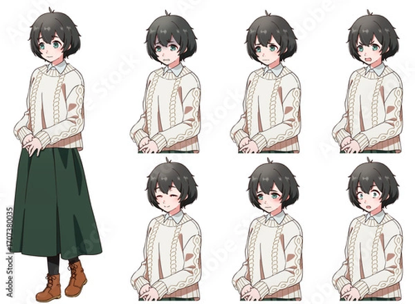 Fototapeta 冬服を着た臆病そうな黒髪の女の子の表情セット
