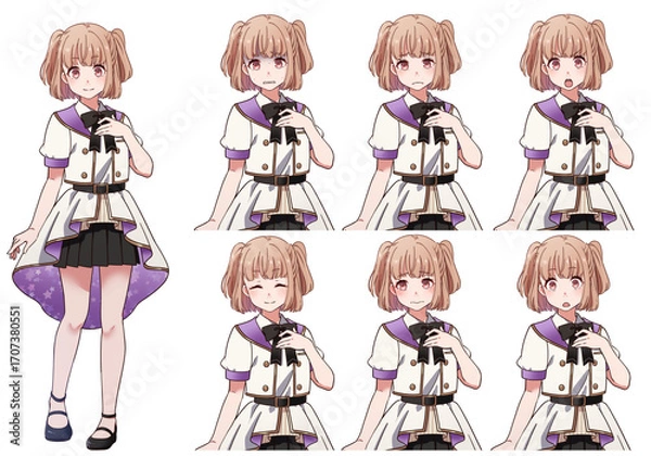 Fototapeta アイドル衣装を着たかわいいハーフツインテールの女の子の表情セット
