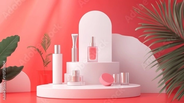 Fototapeta A simple, white, geometric platform for displaying cosmetics or products.  It's a 3D design, perfect as a background.
