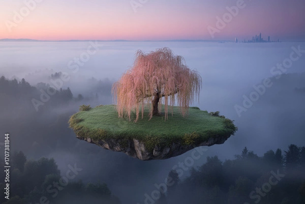 Fototapeta Surreal Scene of Floating Islands Above a Mystical Landscape