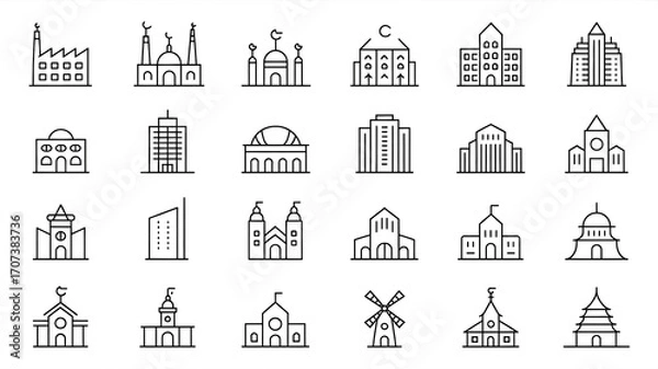 Fototapeta Minimalist building line icon set with editable strokes, showcasing factories, mosques, apartments, stadiums, skyscrapers, museums, schools, churches, mills, windmills, and pagodas.