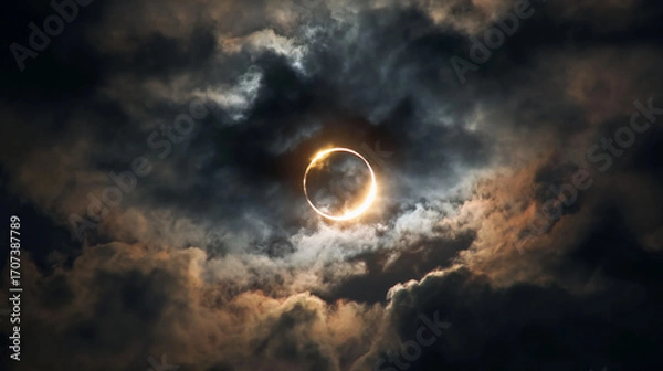 Fototapeta A dramatic view of a solar eclipse, where the sun is partially obscured by dark clouds, creating a mystical halo effect.