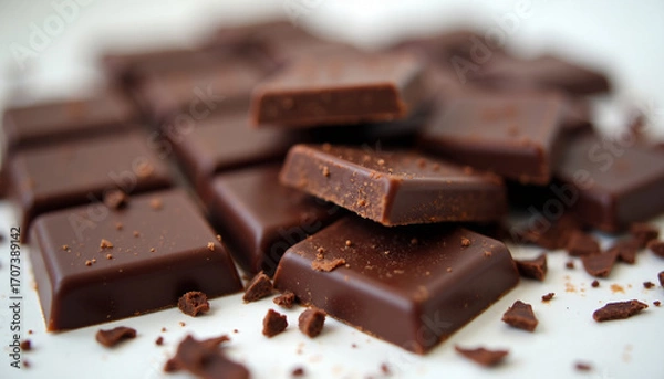 Obraz Pile of Dark Chocolate Squares and Crumbs sweet dessert