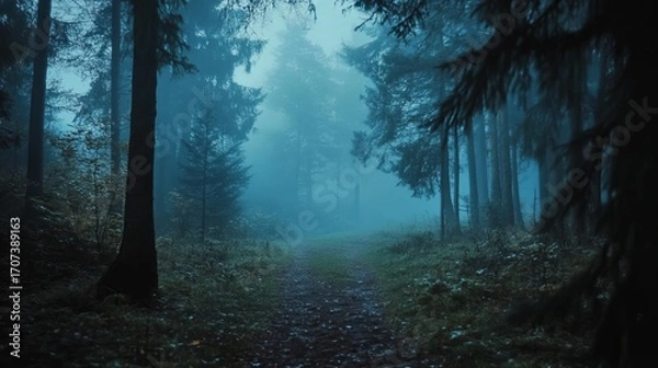 Obraz Misty forest path, dark and tranquil