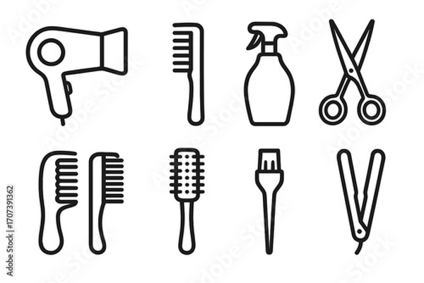 Fototapeta Hair salon and hairdresser tools line icon set. Barber equipment outline vector illustration. Collection of simple icons: hairdryer, comb, scissors, brush, straightener.